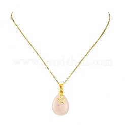 Natural Rose Quartz Teardrop Star Pendant 304 Stainless Steel Cable Chain Necklaces for Women&nbsp;NJEW-JN06180