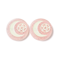 樹脂カボション  グリッターパウダー付き  月と五芒星模様の平丸  ピンク  29x5.5mm&nbsp;LS-RESI-G055-02F