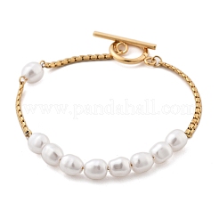 304ステンレススチール製ボストンリンクチェーンブレスレット（女性用）  イミテーションパールビーズ付き  18KGP本金メッキ  7-7/8インチ（20cm）&nbsp;BJEW-C089-10G