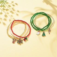 6 個 6 スタイル ガラス シード ストレッチ ブレスレット セット  クリスマス ツリー & 雪だるま & ベル & トナカイ 合金エナメル チャーム ブレスレット女性用  ミックスカラー  内径：2-1/8インチ（5.5cm）  1個/スタイル&nbsp;BJEW-JB08201