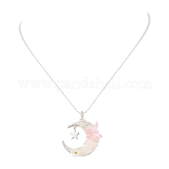 Natural Rose Quartz Wire Wrapped Moon with Acrylic Butterfly Pendant 304 Stainless Steel Ball Chain Necklaces&nbsp;NJEW-TA00266-04