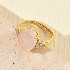 Brass Micro Pave Cubic Zirconia with Natural Rose Quartz Cuff Open Rings&nbsp;RJEW-T035-01G-L