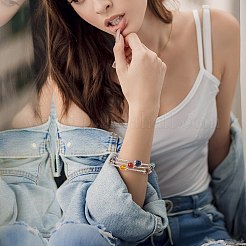 Natural & Synthetic Mixed Gemstone Round Beaded Triple Loop Wrap Bangle for Women&nbsp;BJEW-TA00224