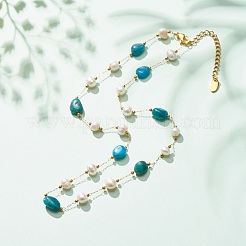 天然アパタイト＆パールビーズネックレス  女性のための金メッキステンレススチールジュエリー  15.98~16.14インチ（40.6~41cm）&nbsp;NJEW-JN03894-04