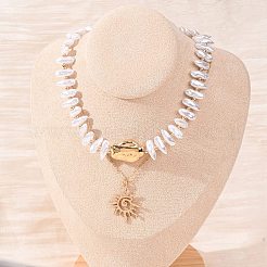 CCB Plastic Sun Pendant Alloy & Imitation Baroque Keshi Pearl Double Layer Necklaces for Women&nbsp;NJEW-Z116-01G