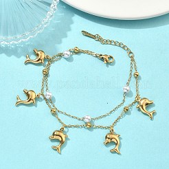 304ステンレススチール製サテライトチェーン二重ブレスレット  女性用イルカチャームブレスレット  アブソリュートプラスチック模造パール  イオンプレーティング（ip）  長持ちメッキ  18KGP本金メッキ  内径：5.91インチ（15cm）&nbsp;BJEW-D456-02G