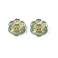 メッキアクリルビーズ  ライン入り  花  ミディアムアクアマリン  13x12x4mm  穴：1.2mm  約1150個/500g&nbsp;PACR-N008-013C