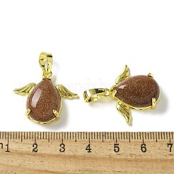 合成ゴールドストーン金砂石ペンダント  金色の真鍮の羽根が付いたティアドロップチャーム  ラックめっき  カドミウムフリー＆鉛フリー  22.5x24.5x9mm  穴：7.5x4.5mm&nbsp;KK-F888-01G-23