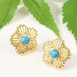 304ステンレススチール製合成ターコイズスタッドピアス（女性用）  イオンプレーティング（ip）  花  18KGP本金メッキ  21.5x22mm&nbsp;EJEW-U046-15G