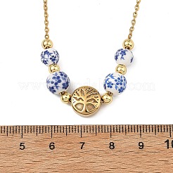 花柄プリントの丸型手作り磁器＆真鍮製生命の樹モチーフのグラデーションビーズネックレス  304ステンレススチールアズキチェーン付き  青と​​白  ゴールドカラー  15.75インチ（40cm）&nbsp;NJEW-JN06437