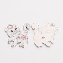 合金エナメル子猫ペンダント  カドミウムフリー＆鉛フリー  ラインストーン付き  花の形をした猫  プラチナ  ホワイト  約25.5mm長  24 mm幅  厚さ2mm  穴：2mm&nbsp;LS-EA556Y-1