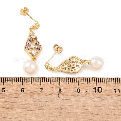 菱形真鍮マイクロパヴェクリアキュービックジルコニアダングルスタッドピアス  アクリル模造パール付き  長持ちメッキ  ラックめっき  18KGP本金メッキ  35x10mm&nbsp;EJEW-C172-04G