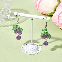 天然アメジストのブドウダングルイヤリング  アクリルクラスターイヤリング  ステンレス鋼色  51x16mm&nbsp;EJEW-JE05690-02