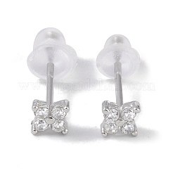 Rhodium Plated Clover 999 Fine Silver Cubic Zirconia Stud Earrings for Women&nbsp;LS-EJEW-S215-16P