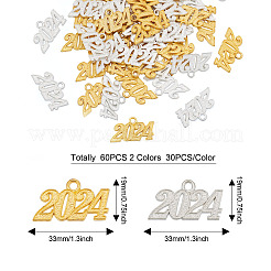 60本2色合金ペンダント  ナンバー2024チャーム  プラチナ·ゴールデン  19x33mm  30個/カラー&nbsp;FIND-TA0004-34