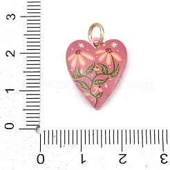 塗装された真鍮のペンダント  花のチャーム付きハート  ゴールドカラー  ピンク  19.5x16x4mm  穴：4mm&nbsp;KK-CBAA339-02B