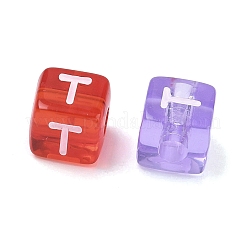 スプレー塗装透明アクリルビーズ  文字付きのキューブ  ミックスカラー  文字t  9.5x9.5x10mm  穴：3.8mm  約570個/500g&nbsp;MACR-K365-07T