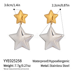 ツートンカラーの 304 ステンレススチール製ダングルスタッドピアス  18KGP本金メッキ  スター  36x22mm&nbsp;PC0327-3