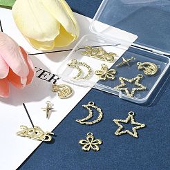 12本6スタイルアロイペンダント  ムーン  スター  花のチャーム  ゴールドカラー  12.5~24.5x9~22x2~5mm  穴：1~2.5mm  2個/スタイル&nbsp;FIND-FS0003-38G