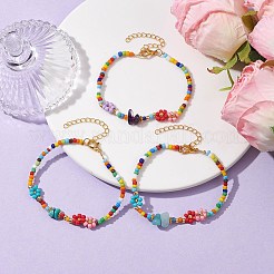 3 個 3 スタイルの天然 & 合成混合宝石チップ ビーズ ブレスレット セット  花のガラスの種の重ね付けできるブレスレット  ミックスカラー  7-1/8インチ（18cm）  1個/スタイル&nbsp;BJEW-JB10174