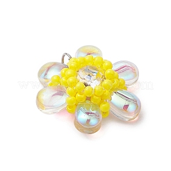 ビーズの花のチャーム  ラインストーンとガラスのシードビーズペンダント  丸カン付き  クリアAB  21.5x23x8mm  穴：3mm&nbsp;PALLOY-MZ00438-01