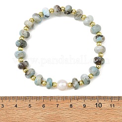 天然ラリマーのロンデルビーズと天然パールを使用したストレッチブレスレット  ゴールドカラー  内径：2.32インチ（5.9cm）&nbsp;BJEW-JB14432