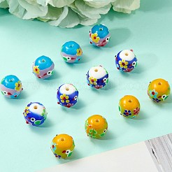 5個の手作りランプワークビーズ  鳥と花で丸い  ディープスカイブルー  16~16.5x15.5~16mm  穴：2.5~2.6mm&nbsp;LAMP-SZ0001-48A