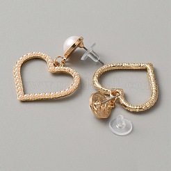 プラスチックイミテーションパールビーズジオメトリダングルスタッドピアス  女性用ライトゴールド亜鉛合金ジュエリー  ハート柄  43mm  ピン：0.6mm  ペンダント：27x30.5x2.5mm&nbsp;EJEW-WH0013-57C