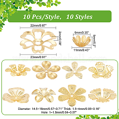 100個 10スタイル 真鍮ビーズキャップ DIYヘアデコレーションアクセサリー用  花  ゴールドカラー  11~22x11~23x2~5mm  穴：1~3mm  10個/スタイル&nbsp;KK-PH0005-72