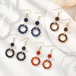 304ステンレススチール製のラウンドダングルイヤリング  天然及び合成混合石  ゴールドカラー  54.5x19.5mm&nbsp;EJEW-JE06786
