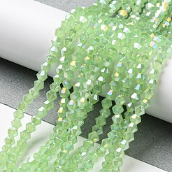 ジェイド風電気メッキガラスビーズ連売り  ABカラーメッキ  多面カット  双円錐形  グリーン  4x4mm  穴：0.8~1mm  約75~78個/連  28~29cm&nbsp;GLAA-F029-J4mm-A01
