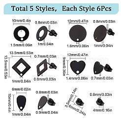30個 5スタイル 304ステンレススチールスタッドピアス金具  ホール＆ピアスバックキャッチ付き  ドーナツ & フラットラウンド & 四角 & ティアドロップ & ハート  電気泳動黒  10~13.5x6~9x0.8~1mm  穴：1~1.6mm  ピン：0.7~0.8mm  6個/スタイル&nbsp;STAS-SC0004-31