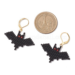 Halloween Theme Bat Handmade Glass Seed Beads Leverback Earrings&nbsp;EJEW-MZ00475