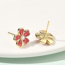 Flower Brass & ABS Plastic Pearl Stud Earrings&nbsp;EJEW-P336-07G-02