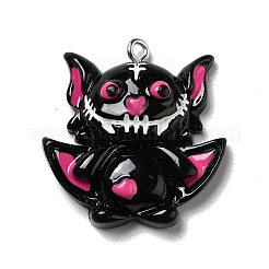 ハロウィン不透明樹脂ペンダント  プラチナトーンの鉄ループ付き  バット  ブラック  29x27x8mm  穴：2mm&nbsp;RESI-B011-09