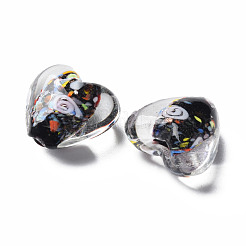 手作りランプワークビーズ  インナー花と  ハート  ブラック  12~15x13~16x9mm  穴：1.2mm&nbsp;LAMP-T011-04B