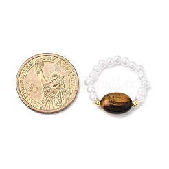 女性用天然タイガーアイビーズストレッチリング  オーバル  アブソリュートプラスチック模造パール  9.5~10.5mm  内径：20.5mm～USサイズ12 1/4（21.5mm）&nbsp;RJEW-JR00916