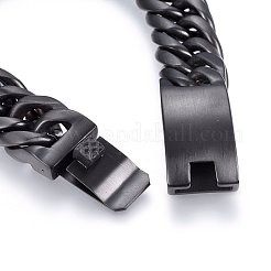 304ステンレススチールカーブチェーンブレスレット  箱の留め金付き  起毛  ガンメタ色  9-1/2インチ（24cm）  16x7mm&nbsp;BJEW-E346-27A-B