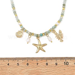 Ocean Brass and Alloy Starfish Shell Shape Pendant Natural Amazonite and Pearl Beaded Necklaces for Women&nbsp;NJEW-JN06418