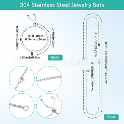304ステンレススチールジュエリーセット  アズキチェーンネックレス6個とスライダーブレスレット18.5個付き  ステンレス鋼色  18.8インチ〜47~47.8インチ（2cm）  2.5mm  穴：[1]mm&nbsp;STAS-SC0010-22P