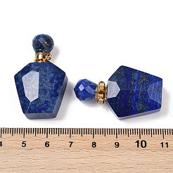 天然ラピスラズリ開閉可能な香水瓶ペンダント  多面カット  金色の304ステンレススチール製金具付き  37.5x22.5x11mm  穴：1.8mm&nbsp;G-I381-02G-06