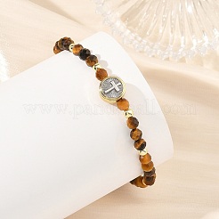 Religion Natural Tiger Eye Beaded Stretch Bracelets with Brass Flat Round with Cross Beads&nbsp;BJEW-JB14360-03