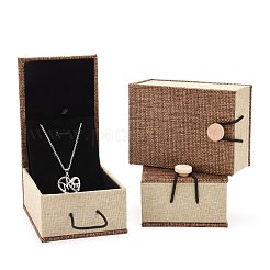 長方形木製ペンダントネックレスボックス  黄麻布とベルベットと  キャメル  10.5x7.4x5.1cm&nbsp;OBOX-N013-03