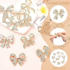 10個 10スタイル 蝶結び 合金 ラインストーン ブローチ  ABSプラスチックイミテーションパール付き  ゴールドカラー  31~55x38~47mm  1個/スタイル&nbsp;JEWB-CJ0001-76