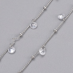 真鍮ボールカーブチェーン  キュービックジルコニアとスプール付き  長持ちメッキ  ハンダ付け  透明  プラチナ  1.5x0.9x0.2mm  約32.8フィート（10m）/ロール&nbsp;CHC-G006-24P