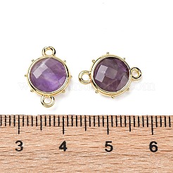 真鍮天然アメジストコネクタチャーム  フラットラウンド  多面カット  ラックめっき  14.5x10x3.5mm  穴：1.4mm&nbsp;KK-Z096-01G-03