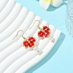 ガラスダングルピアス  シェルパールビーズと304ステンレススチールのピアスフック付き  ハート  レッド  42x20~22mm&nbsp;EJEW-MZ00320-02
