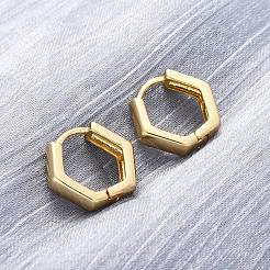 女性のための真鍮の六角形のヒンジ付きフープピアス  長持ちメッキ  カドミウムフリー＆ニッケルフリー＆鉛フリー  18KGP本金メッキ  14x15.5x3.5mm  ピン：0.8mm&nbsp;EJEW-P206-11G