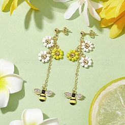 春の花と蜂の合金エナメルダングルスタッドピアス  女性用ガラスビーズタッセルイヤリング  ゴールドカラー  69x22mm&nbsp;EJEW-TA00498