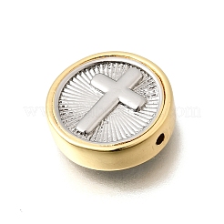 ツートン真鍮ビーズ  18KGP本金メッキ  フラットラウンド  クロス  15x4.5mm  穴：1.2mm&nbsp;KK-D255-02GP-01